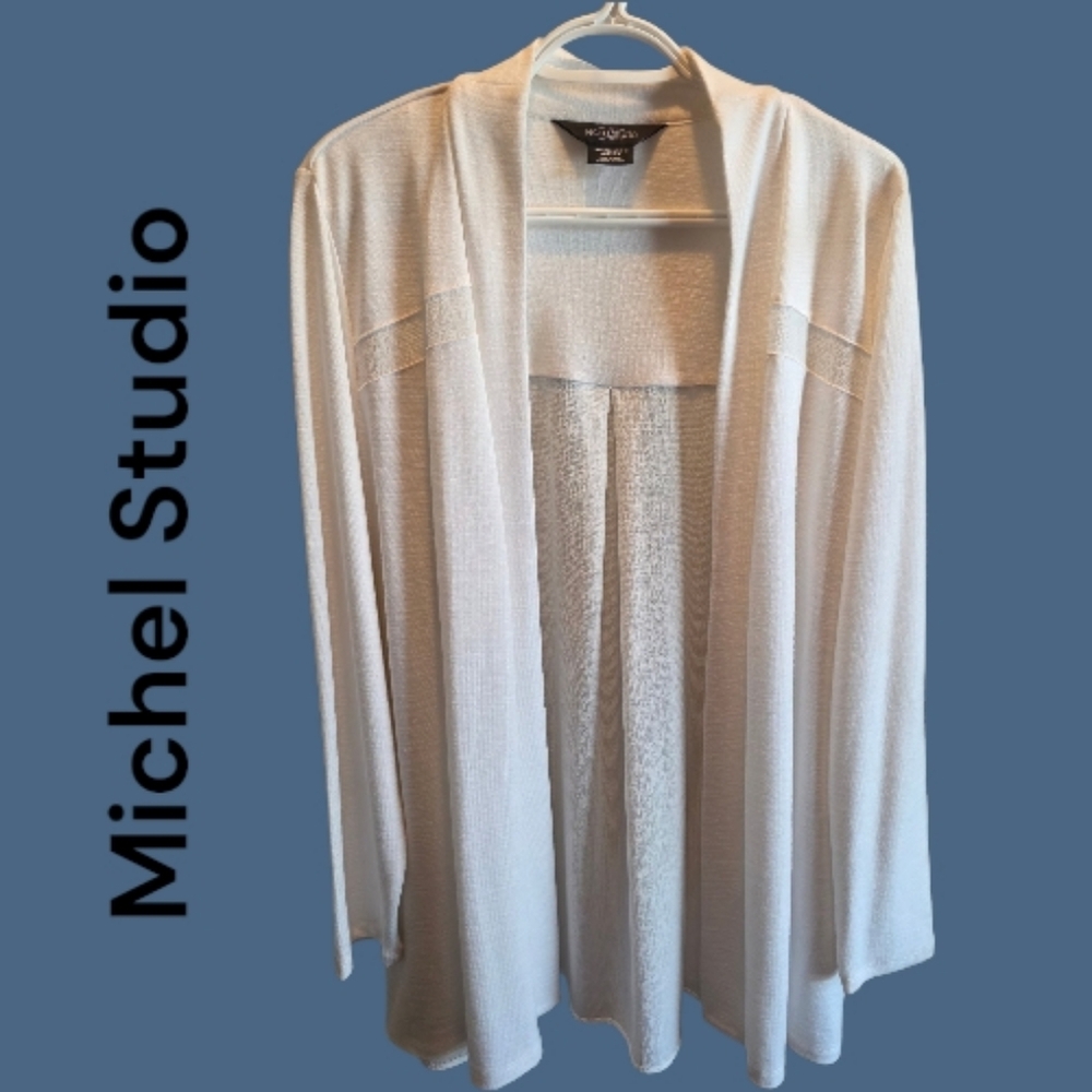 Michel Studio Open Front Cardigan Semi Sheer Crepe Back Long Sleeve White